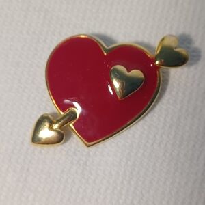 Vintage Brooch - Goldtone and Red Enamel Heart With Cupids Arrow W/ Gold Hearts